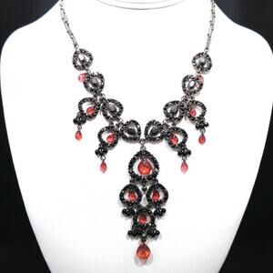 Black Rhinestone Red Faceted Dangle Necklace, Vintage Style, 18 Inches
